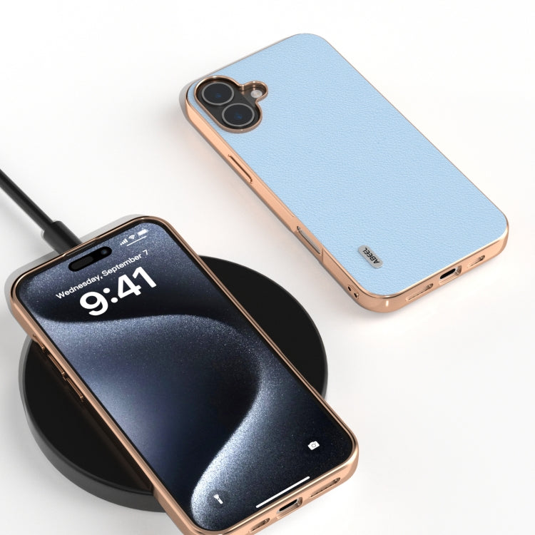 For iPhone 16 Plus ABEEL Electroplated Frame Genuine Leather Wave Phone Case(Blue) - iPhone 16 Plus Cases by buy2fix | Online Shopping UK | buy2fix