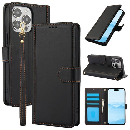 For iPhone 16 Pro Skin Feel Pure Color Card Slots Leather Phone Case with Dual Lanyard(Black) - iPhone 16 Pro Cases by buy2fix | Online Shopping UK | buy2fix