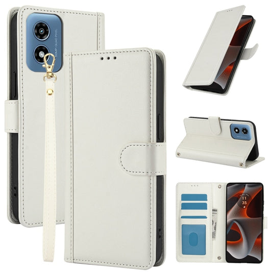 For Motorola Moto G Play 2024 Skin Feel Pure Color Card Slots Leather Phone Case with Dual Lanyard(White) - Motorola Cases by buy2fix | Online Shopping UK | buy2fix