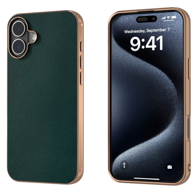 For iPhone 16 Plus PU Leather Electroplating Frame Full Coverage Phone Case(Green) - iPhone 16 Plus Cases by buy2fix | Online Shopping UK | buy2fix