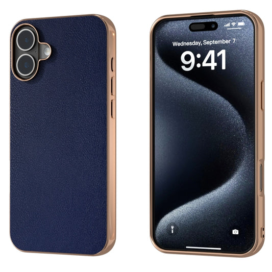 For iPhone 16 PU Leather Electroplating Frame Full Coverage Phone Case(Dark Blue) - iPhone 16 Cases by buy2fix | Online Shopping UK | buy2fix