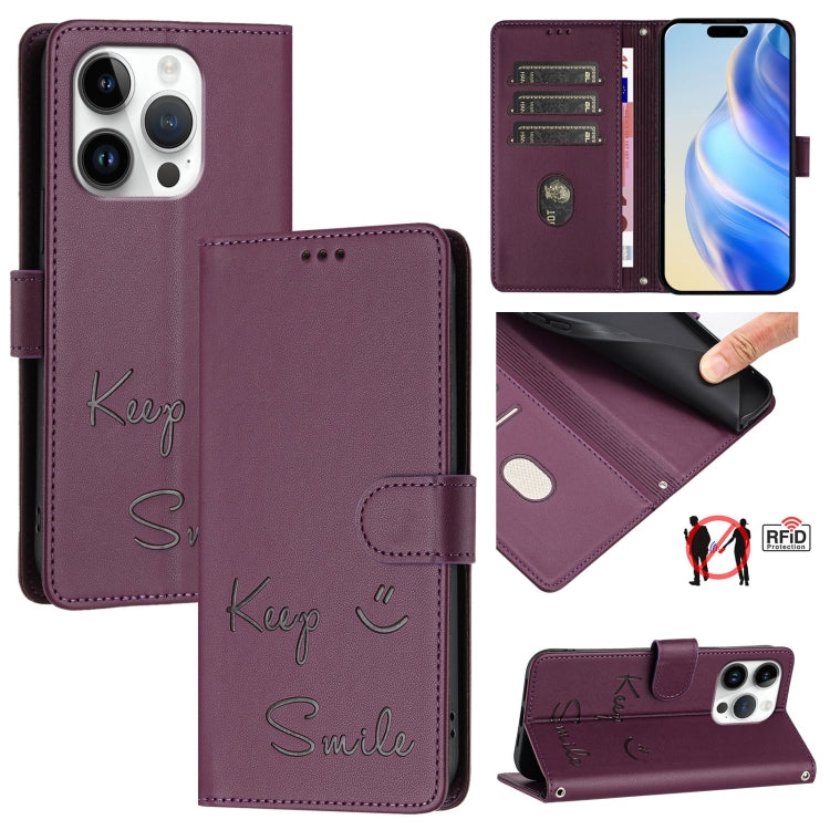 For iPhone 16 Pro Smile Embossing RFID Leather Phone Case(Violet) - iPhone 16 Pro Cases by buy2fix | Online Shopping UK | buy2fix