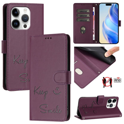 For iPhone 16 Pro Smile Embossing RFID Leather Phone Case(Violet) - iPhone 16 Pro Cases by buy2fix | Online Shopping UK | buy2fix