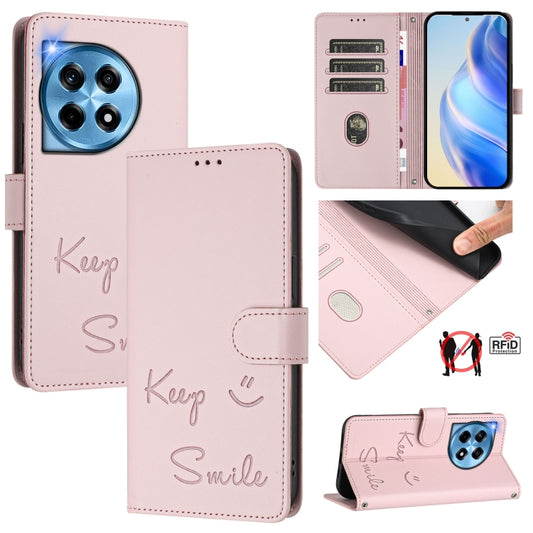 For OnePlus 12 5G Global Smile Embossing RFID Leather Phone Case(Pink) - OnePlus Cases by buy2fix | Online Shopping UK | buy2fix