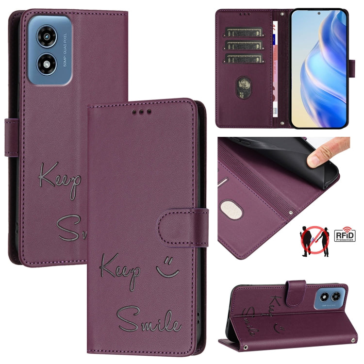 For Motorola Moto G 5G 2024 Global Smile Embossing RFID Leather Phone Case(Violet) - Motorola Cases by buy2fix | Online Shopping UK | buy2fix