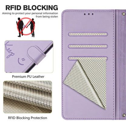 For Motorola Moto G Power 5G 2024 Smile Embossing RFID Leather Phone Case(Light Purple) - Motorola Cases by buy2fix | Online Shopping UK | buy2fix