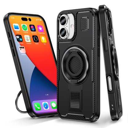 For iPhone 16 Plus Ring Holder Carbon Fiber PC Hybrid TPU Phone Case(Black) - iPhone 16 Plus Cases by buy2fix | Online Shopping UK | buy2fix