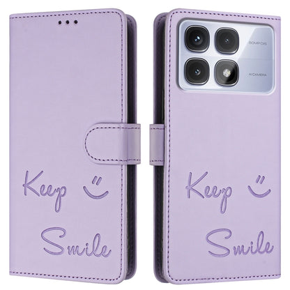 For Redmi K70 Ultra 5G Global Smile Embossing RFID Leather Phone Case(Light Purple) - Xiaomi Cases by buy2fix | Online Shopping UK | buy2fix