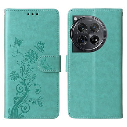 For OnePlus 12 Embossed Butterfly Flowers Leather Phone Case(Green) - OnePlus Cases by buy2fix | Online Shopping UK | buy2fix