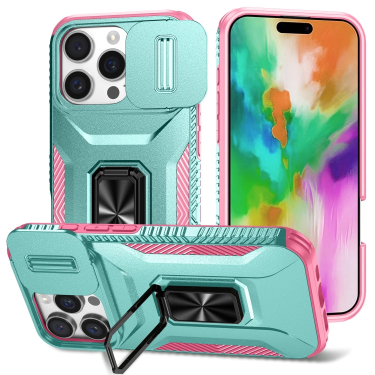 For iPhone 16 Pro Max Sliding Camshield Holder Phone Case(Grey Green + Pink) - iPhone 16 Pro Max Cases by buy2fix | Online Shopping UK | buy2fix