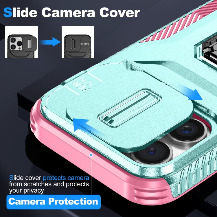 For iPhone 16 Pro Max Sliding Camshield Holder Phone Case(Grey Green + Pink) - iPhone 16 Pro Max Cases by buy2fix | Online Shopping UK | buy2fix