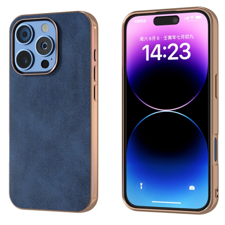 For iPhone 16 Pro Nano Electroplating Dual Color Cowhide Texture Protective Phone Case(Blue) - iPhone 16 Pro Cases by buy2fix | Online Shopping UK | buy2fix