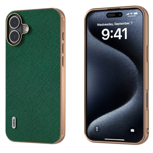 For iPhone 16 Plus ABEEL Electroplating Frame Cross Texture Genuine Leather Phone Case(Green) - iPhone 16 Plus Cases by buy2fix | Online Shopping UK | buy2fix