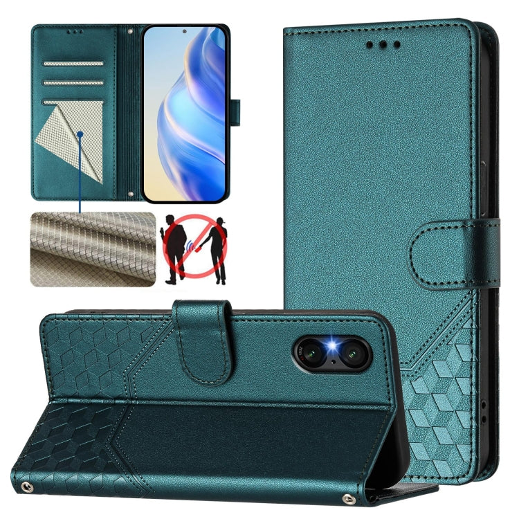 For Sony Xperia 5 VI 2024 Honeycomb Embossing RFID Leather Phone Case(Peacock Green) - Sony Cases by buy2fix | Online Shopping UK | buy2fix