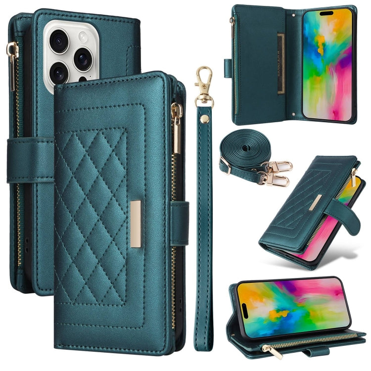 For iPhone 16 Pro Crossbody Zipper Wallet Rhombus Leather Phone Case(Green) - iPhone 16 Pro Cases by buy2fix | Online Shopping UK | buy2fix