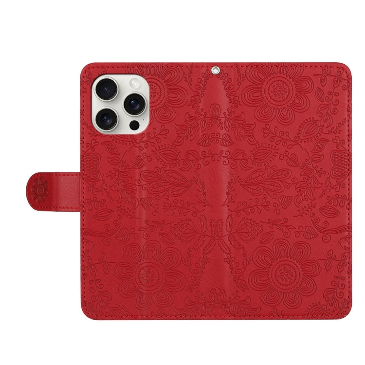 For iPhone 16 Pro Floral Embossed Pattern Leather Phone Case(Red) - iPhone 16 Pro Cases by buy2fix | Online Shopping UK | buy2fix