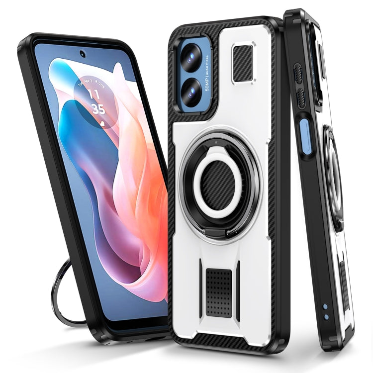 For Motorola Moto G Play 4G 2024 Ring Holder Carbon Fiber PC Hybrid TPU Phone Case(White) - Motorola Cases by buy2fix | Online Shopping UK | buy2fix