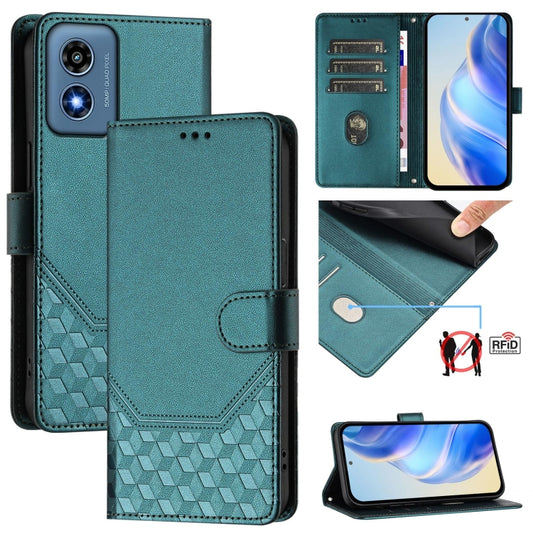 For Motorola Moto G Play 4G 2024 Oversea Honeycomb Embossing RFID Leather Phone Case(Peacock Green) - Motorola Cases by buy2fix | Online Shopping UK | buy2fix