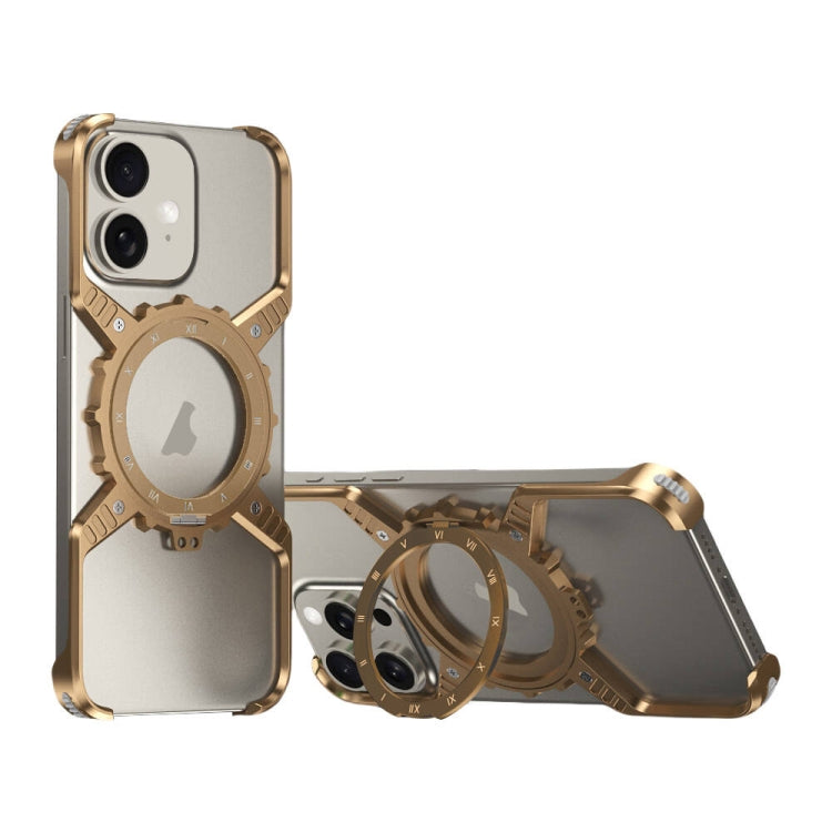 For iPhone 16 Mechanical Gear MagSafe Holder Borderless Metal Phone Case(Gold) - iPhone 16 Cases by buy2fix | Online Shopping UK | buy2fix