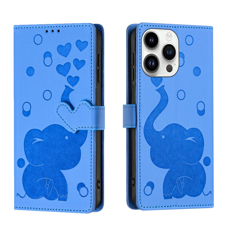 For iPhone 16 Pro Max Cartoon Elephant Embossed Leather Phone Case(Blue) - iPhone 16 Pro Max Cases by buy2fix | Online Shopping UK | buy2fix