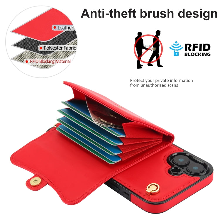 For iPhone 16 RFID Card Slot Phone Case with Long Lanyard(Red) - iPhone 16 Cases by buy2fix | Online Shopping UK | buy2fix