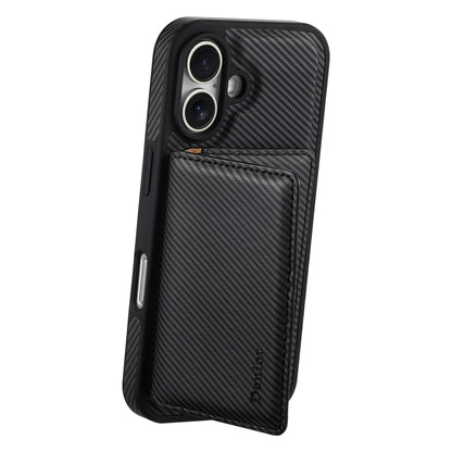 For iPhone 16 Plus Denior Carbon Fiber Texture Leather Card Bag MagSafe Phone Case(Black) - iPhone 16 Plus Cases by Denior | Online Shopping UK | buy2fix