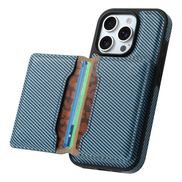 For iPhone 16 Plus Denior Carbon Fiber Texture Leather Card Bag MagSafe Phone Case(Blue) - iPhone 16 Plus Cases by Denior | Online Shopping UK | buy2fix