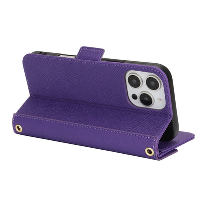 For iPhone 16 Pro Max Cross Texture Crossbody Lanyard Leather Phone Case(Purple) - iPhone 16 Pro Max Cases by buy2fix | Online Shopping UK | buy2fix