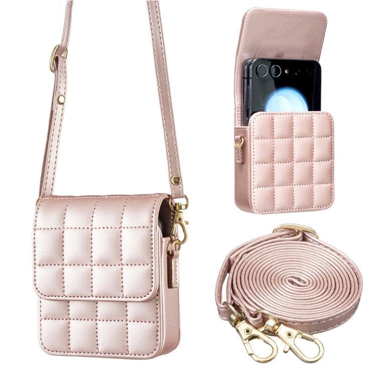 For Samsung Galaxy Z Flip6 BFB04 Plaid Crossbody Fold Phone Bag(Rose Gold) -  by buy2fix | Online Shopping UK | buy2fix