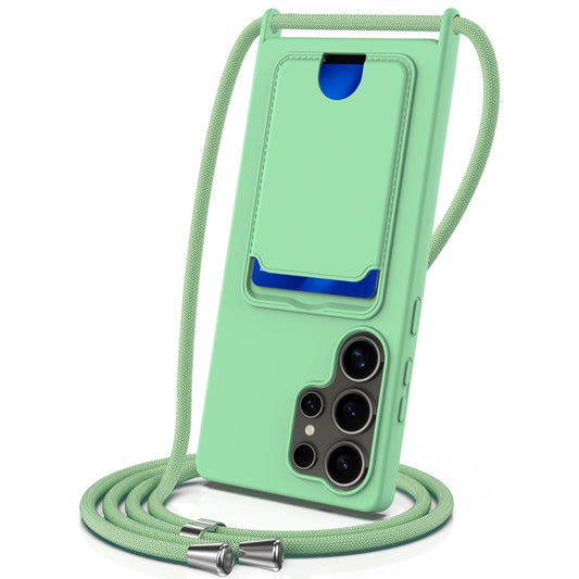 For Samsung Galaxy S25 Ultra 5G Integrated Card Bag Solid Color Liquid Silicone Phone Case with Lanyard(Green) - Galaxy S25 Ultra 5G Cases by buy2fix | Online Shopping UK | buy2fix