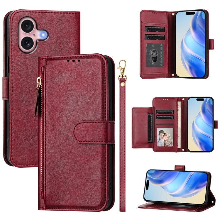 For iPhone 16 Multi-Card Slots Zipper Wallet Leather Phone Case(Dark Red) - iPhone 16 Cases by buy2fix | Online Shopping UK | buy2fix