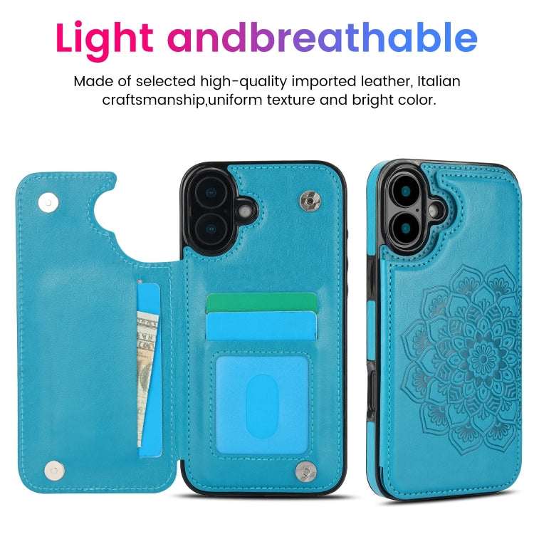 For iPhone 16 Double Buckle Mandala Leather Wallet Back Cover Phone Case(Blue) - iPhone 16 Cases by buy2fix | Online Shopping UK | buy2fix