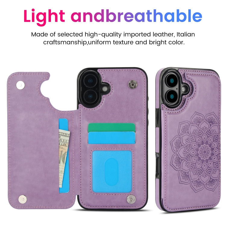 For iPhone 16 Plus Double Buckle Mandala Leather Wallet Back Cover Phone Case(Purple) - iPhone 16 Plus Cases by buy2fix | Online Shopping UK | buy2fix