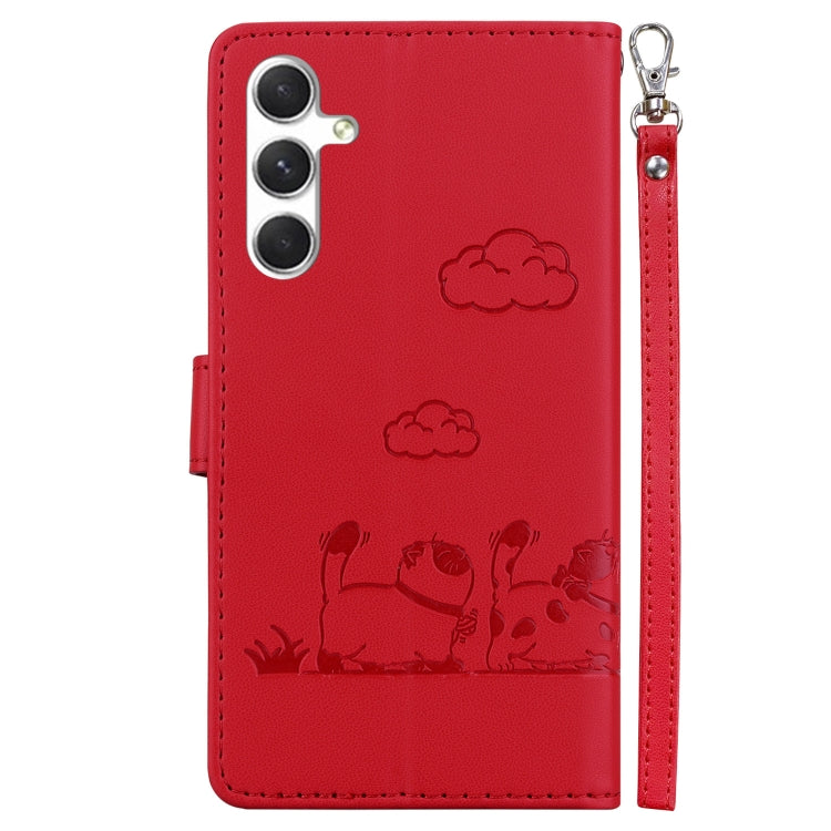 For Samsung Galaxy S25 5G Cute Cats RFID Leather Phone Case(Red) - Galaxy S25 5G Cases by buy2fix | Online Shopping UK | buy2fix