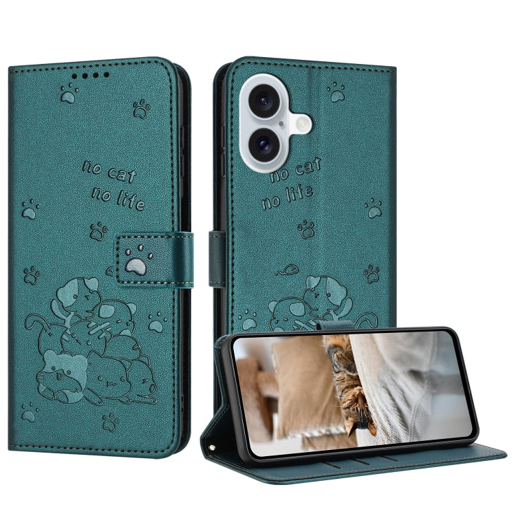 For iPhone 16 Embossed Kitten Phone Leather Case with Lanyard(Dark Green) - iPhone 16 Cases by buy2fix | Online Shopping UK | buy2fix