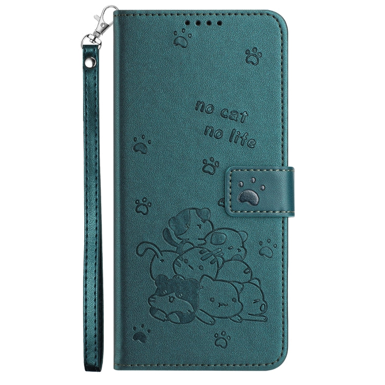 For Motorola Edge 2024 5G Embossed Kitten Phone Leather Case with Lanyard(Dark Green) - Motorola Cases by buy2fix | Online Shopping UK | buy2fix