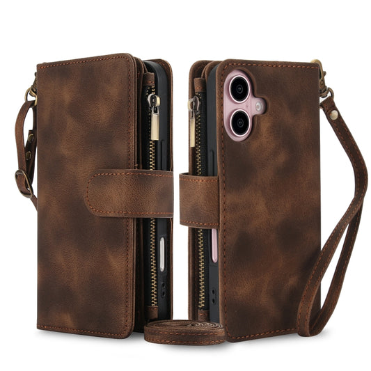 For iPhone 16 Plus Dream 9-Card Zipper Wallet RFID Leather Phone Case with Lanyard(Brown) - iPhone 16 Plus Cases by buy2fix | Online Shopping UK | buy2fix