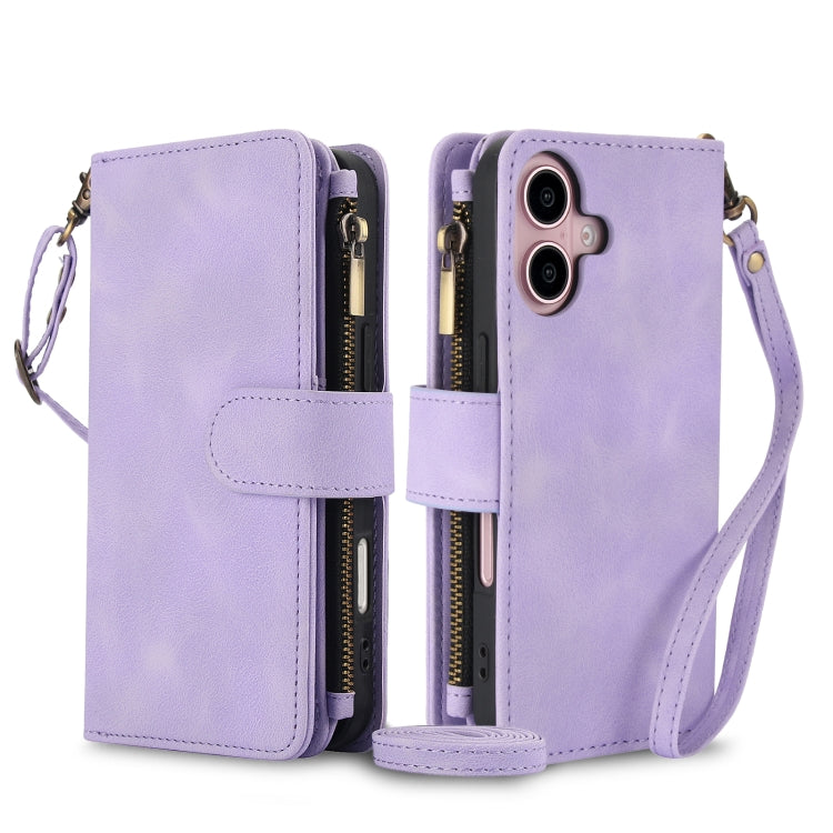 For iPhone 16 Plus Dream 9-Card Zipper Wallet RFID Leather Phone Case with Lanyard(Purple) - iPhone 16 Plus Cases by buy2fix | Online Shopping UK | buy2fix