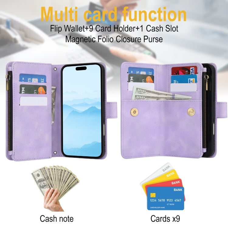 For iPhone 16 Plus Dream 9-Card Zipper Wallet RFID Leather Phone Case with Lanyard(Purple) - iPhone 16 Plus Cases by buy2fix | Online Shopping UK | buy2fix