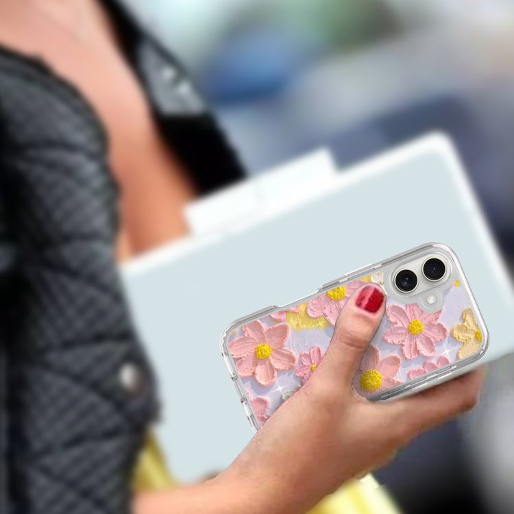 For iPhone 16 Plus Small Fresh Sticker PC + TPU Shockproof Phone Case(Pink Flower) - iPhone 16 Plus Cases by buy2fix | Online Shopping UK | buy2fix