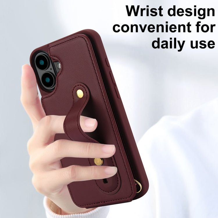 For iPhone 16 Wristband Vertical Flip Wallet Back Cover Phone Case with Long Lanyard(Wine Red) - iPhone 16 Cases by buy2fix | Online Shopping UK | buy2fix