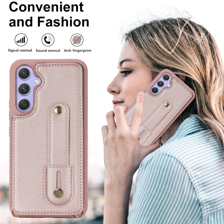 For Samsung Galaxy S25+ 5G Wristband Vertical Flip Wallet Back Cover Phone Case with Long Lanyard(Rose Gold) - Galaxy S25+ 5G Cases by buy2fix | Online Shopping UK | buy2fix