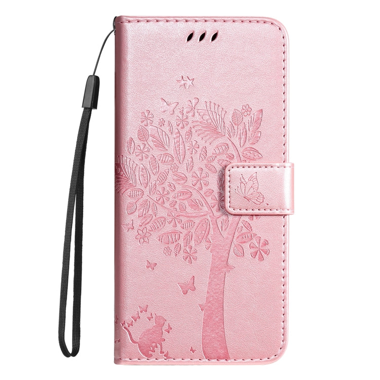 For Samsung Galaxy S25 / S24 5G Tree & Cat Embossed Pattern Flip Leather Phone Case(Rose Gold) - Galaxy S25 5G Cases by buy2fix | Online Shopping UK | buy2fix