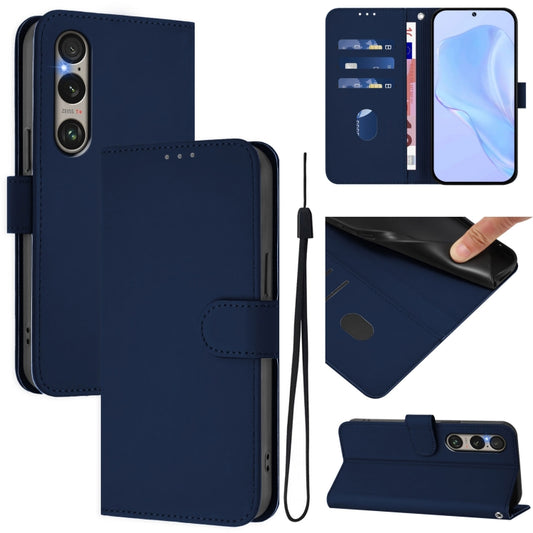 For Sony Xperia 1 VI 2024 Skin Feel Solid Color Leather Phone Case with Lanyard(Navy Blue) - Sony Cases by buy2fix | Online Shopping UK | buy2fix