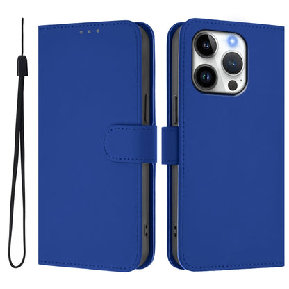 For iPhone 16 Pro Skin Feel Solid Color Leather Phone Case with Lanyard(Dark Blue) - iPhone 16 Pro Cases by buy2fix | Online Shopping UK | buy2fix