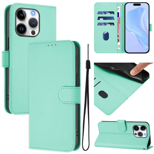 For iPhone 16 Pro Skin Feel Solid Color Leather Phone Case with Lanyard(Mint Green) - iPhone 16 Pro Cases by buy2fix | Online Shopping UK | buy2fix