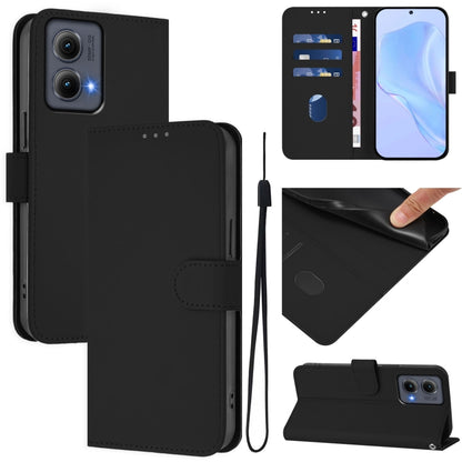 For Motorola Edge 5G 2024 Skin Feel Solid Color Leather Phone Case with Lanyard(Black) - Motorola Cases by buy2fix | Online Shopping UK | buy2fix