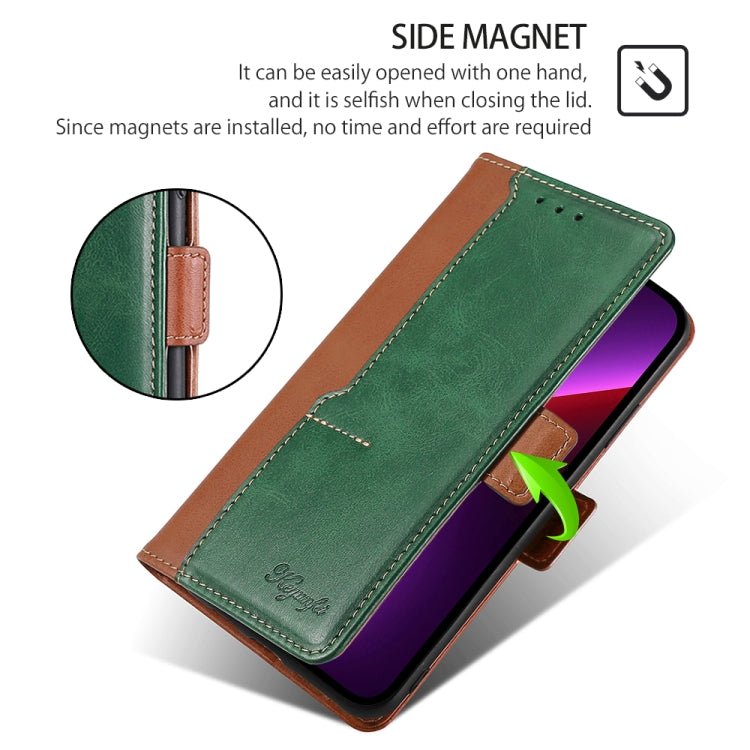 For iPhone 16 Plus Contrast Color Side Buckle Leather Phone Case(Light Brown + Green) - iPhone 16 Plus Cases by buy2fix | Online Shopping UK | buy2fix