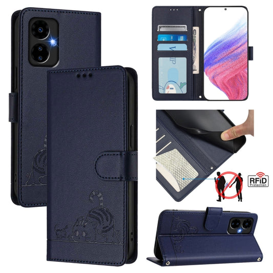 For Boost Mobile Celero 5G 2024 Cat Rat Embossed RFID Leather Phone Case with Lanyard(Blue) - More Brand by buy2fix | Online Shopping UK | buy2fix