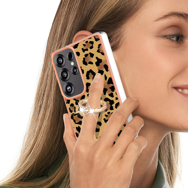 For Samsung Galaxy S25 Ultra 5G Electroplating Dual-side IMD Phone Case with Ring Holder(Leopard Print) - Galaxy S25 Ultra 5G Cases by buy2fix | Online Shopping UK | buy2fix